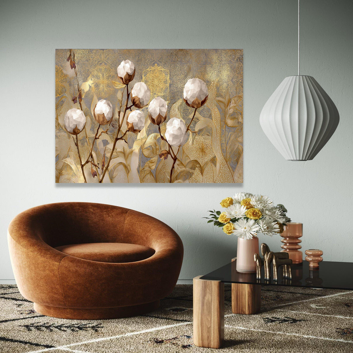 Elegant Cotton Plant Canvas Wall Art, Golden Botanical Design, Floral Canvas, Modern Nature Decor, Luxury Home Gift Art, Home Decor, Print