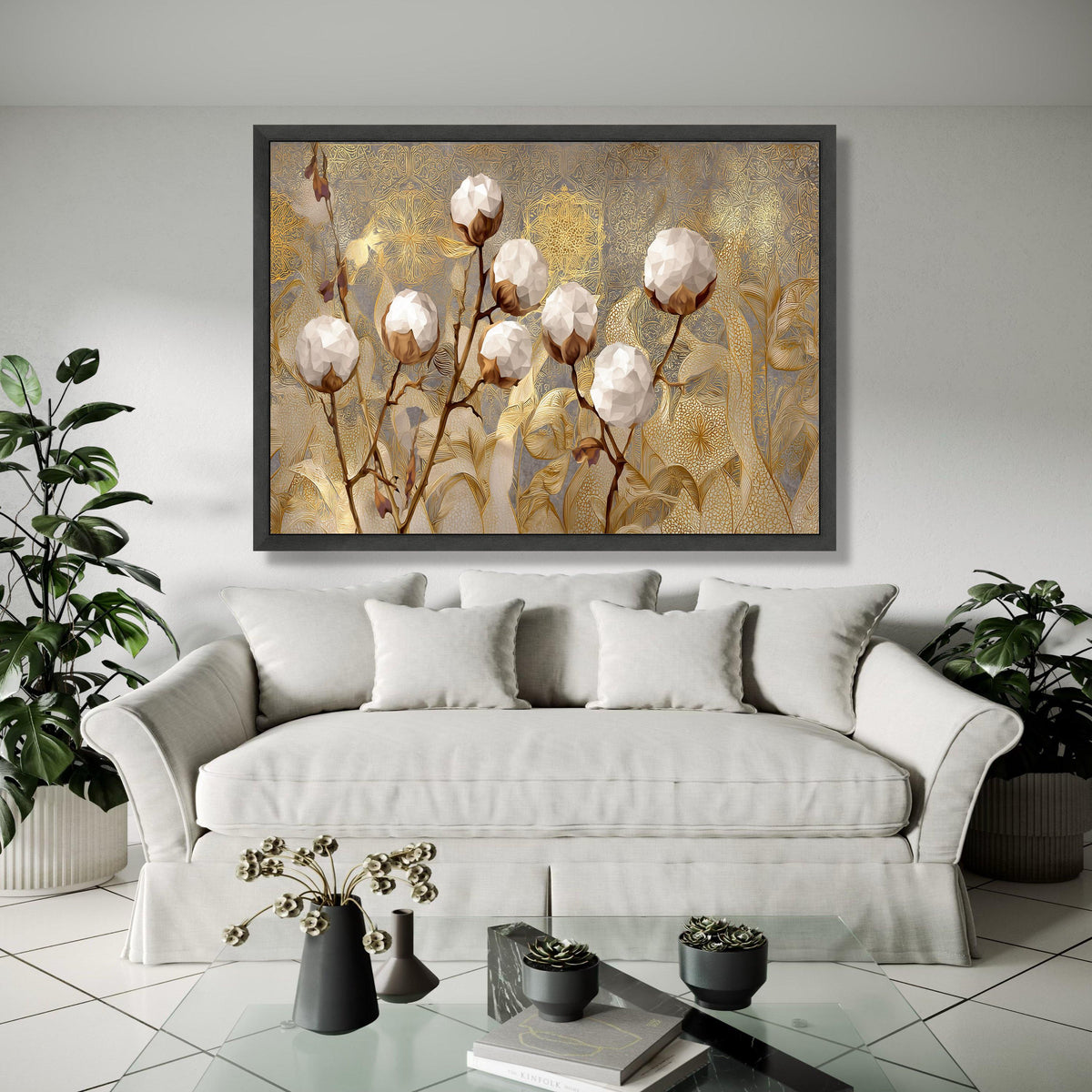 Elegant Cotton Plant Canvas Wall Art, Golden Botanical Design, Floral Canvas, Modern Nature Decor, Luxury Home Gift Art, Home Decor, Print
