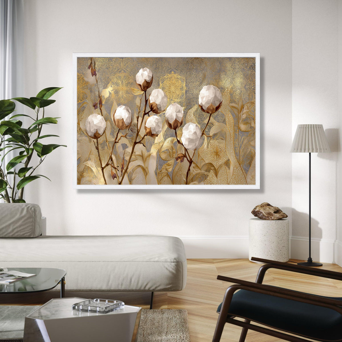 Elegant Cotton Plant Canvas Wall Art, Golden Botanical Design, Floral Canvas, Modern Nature Decor, Luxury Home Gift Art, Home Decor, Print