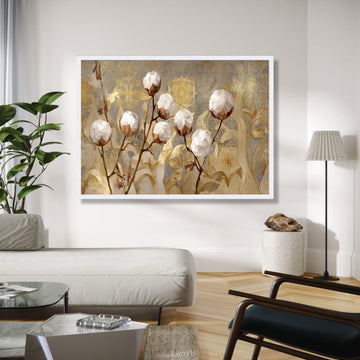 Elegant Cotton Plant Canvas Wall Art, Golden Botanical Design, Floral Canvas, Modern Nature Decor, Luxury Home Gift Art, Home Decor, Print