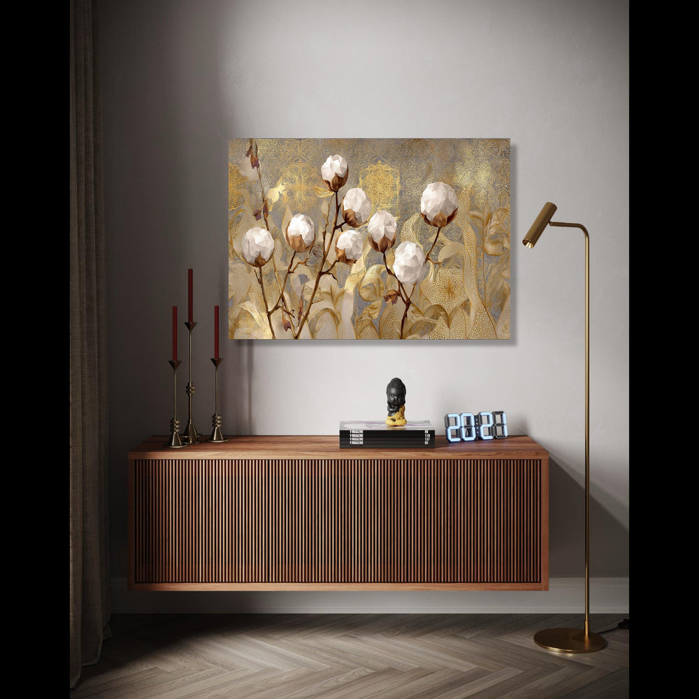 Elegant Cotton Plant Canvas Wall Art, Golden Botanical Design, Floral Canvas, Modern Nature Decor, Luxury Home Gift Art, Home Decor, Print