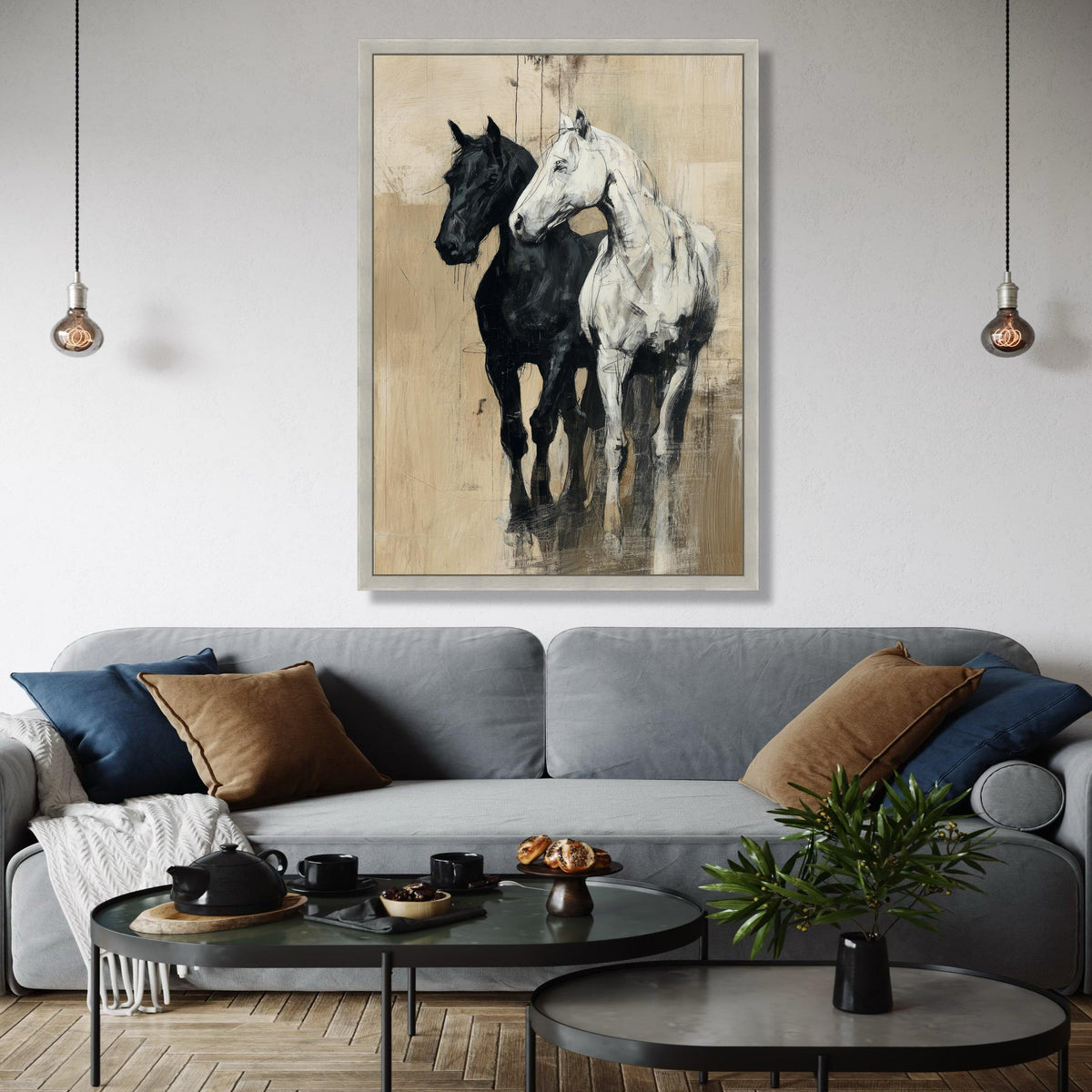 Elegant Black and White Horses Canvas Wall Art, Rustic Equestrian Painting, Farmhouse Animal Decor, Modern Gift Art, Home Decor, Print