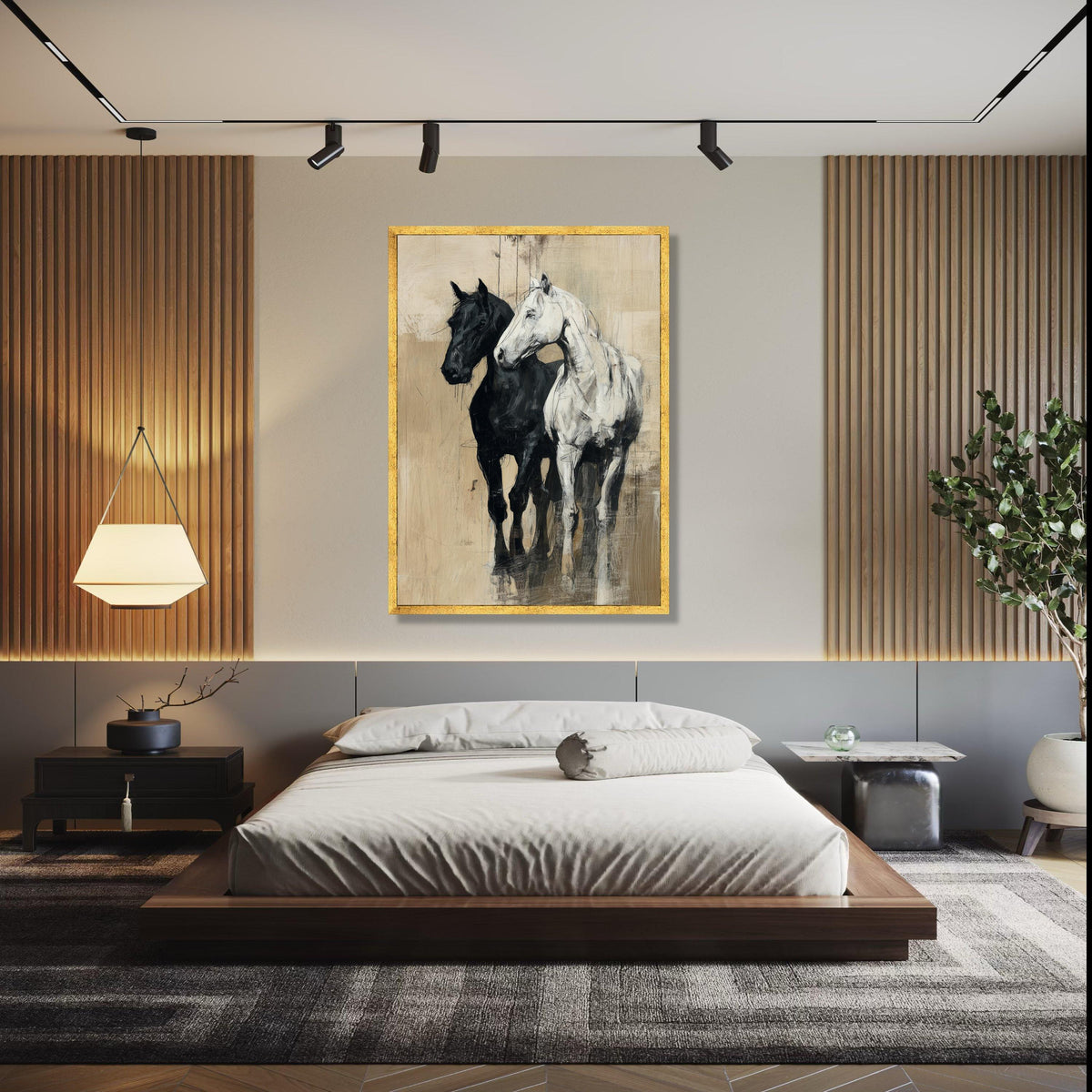 Elegant Black and White Horses Canvas Wall Art, Rustic Equestrian Painting, Farmhouse Animal Decor, Modern Gift Art, Home Decor, Print