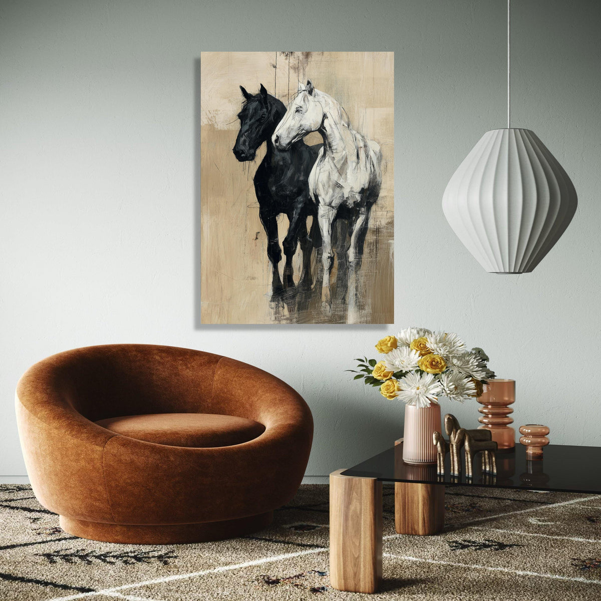 Elegant Black and White Horses Canvas Wall Art, Rustic Equestrian Painting, Farmhouse Animal Decor, Modern Gift Art, Home Decor, Print