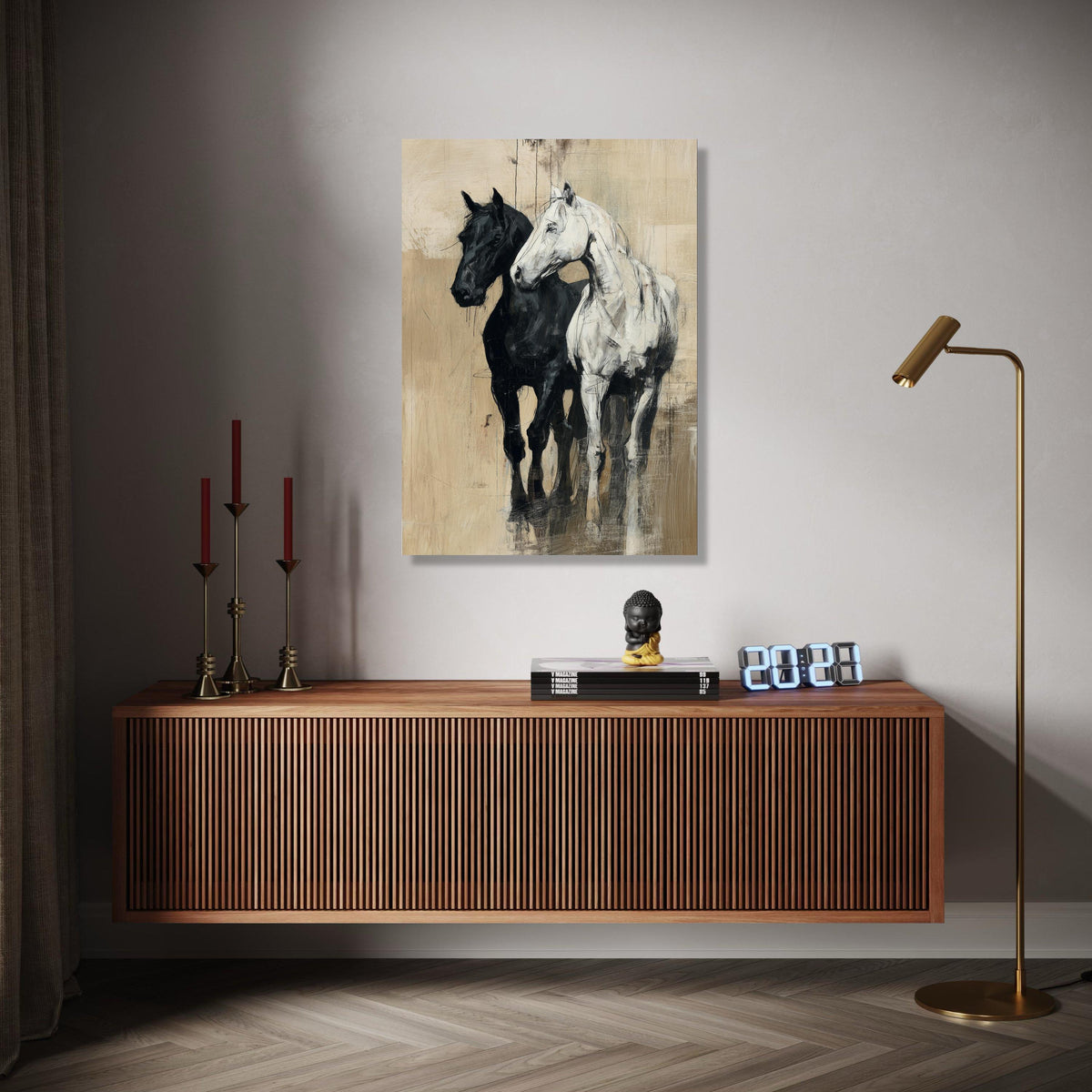 Elegant Black and White Horses Canvas Wall Art, Rustic Equestrian Painting, Farmhouse Animal Decor, Modern Gift Art, Home Decor, Print