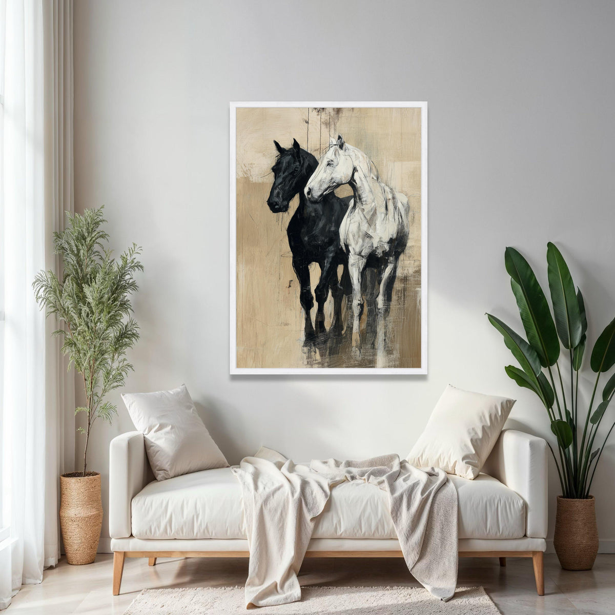Elegant Black and White Horses Canvas Wall Art, Rustic Equestrian Painting, Farmhouse Animal Decor, Modern Gift Art, Home Decor, Print
