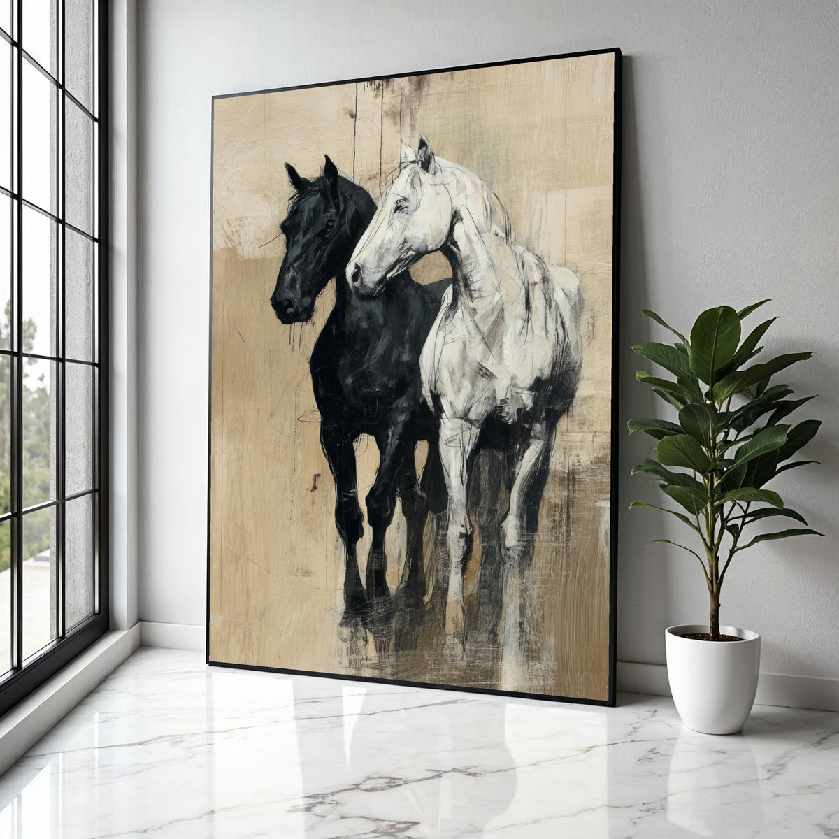 Elegant Black and White Horses Canvas Wall Art, Rustic Equestrian Painting, Farmhouse Animal Decor, Modern Gift Art, Home Decor, Print