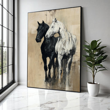Elegant Black and White Horses Canvas Wall Art, Rustic Equestrian Painting, Farmhouse Animal Decor, Modern Gift Art, Home Decor, Print