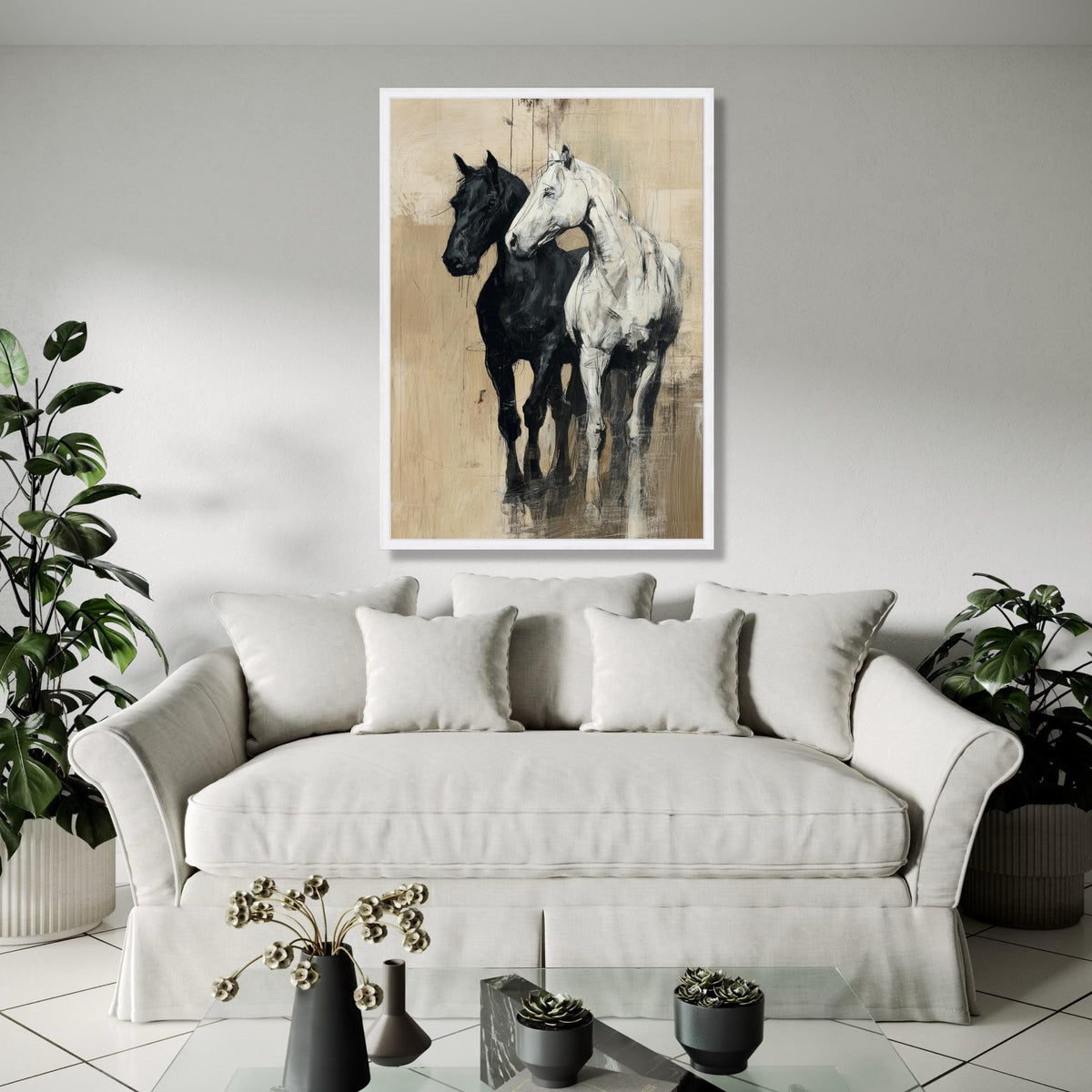 Elegant Black and White Horses Canvas Wall Art, Rustic Equestrian Painting, Farmhouse Animal Decor, Modern Gift Art, Home Decor, Print