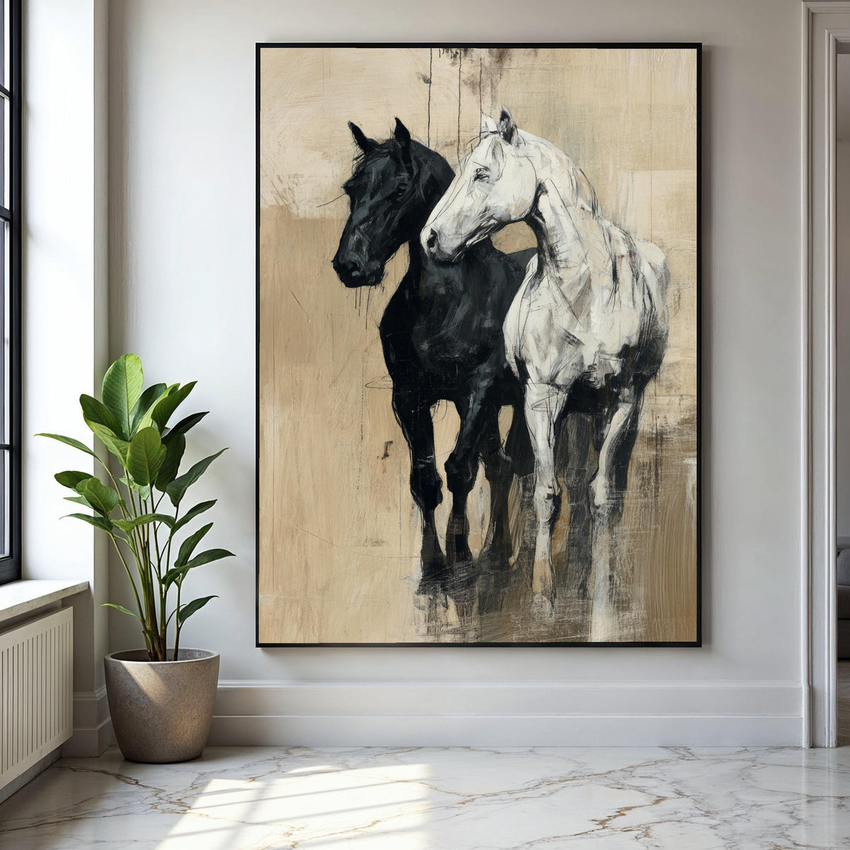 Elegant Black and White Horses Canvas Wall Art, Rustic Equestrian Painting, Farmhouse Animal Decor, Modern Gift Art, Home Decor, Print