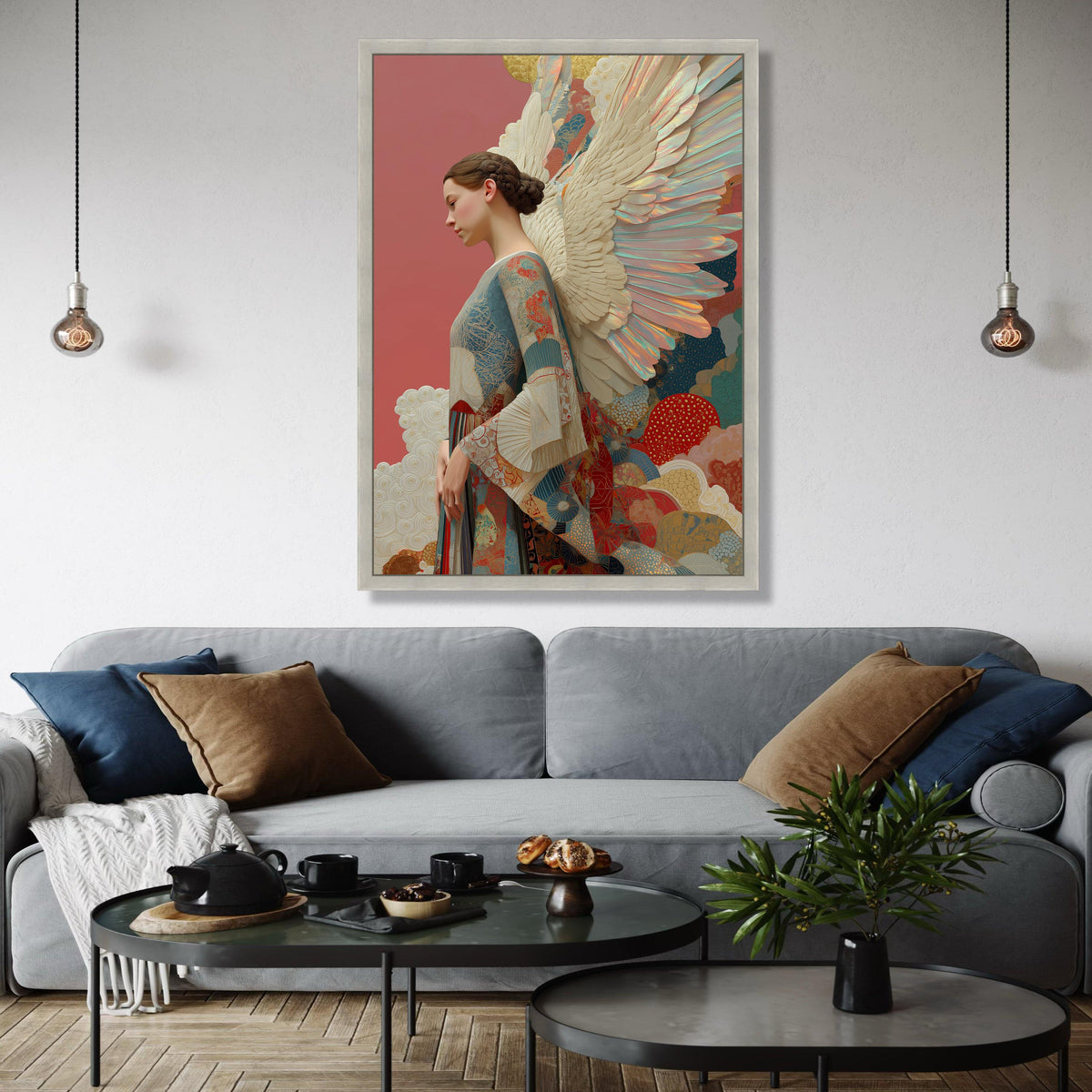 Elegant Angel Woman Canvas Wall Art, Fantasy Feather Wings, Ethereal Portrait Painting, Decorative Home Wall Gift Art, Home Decor, Print
