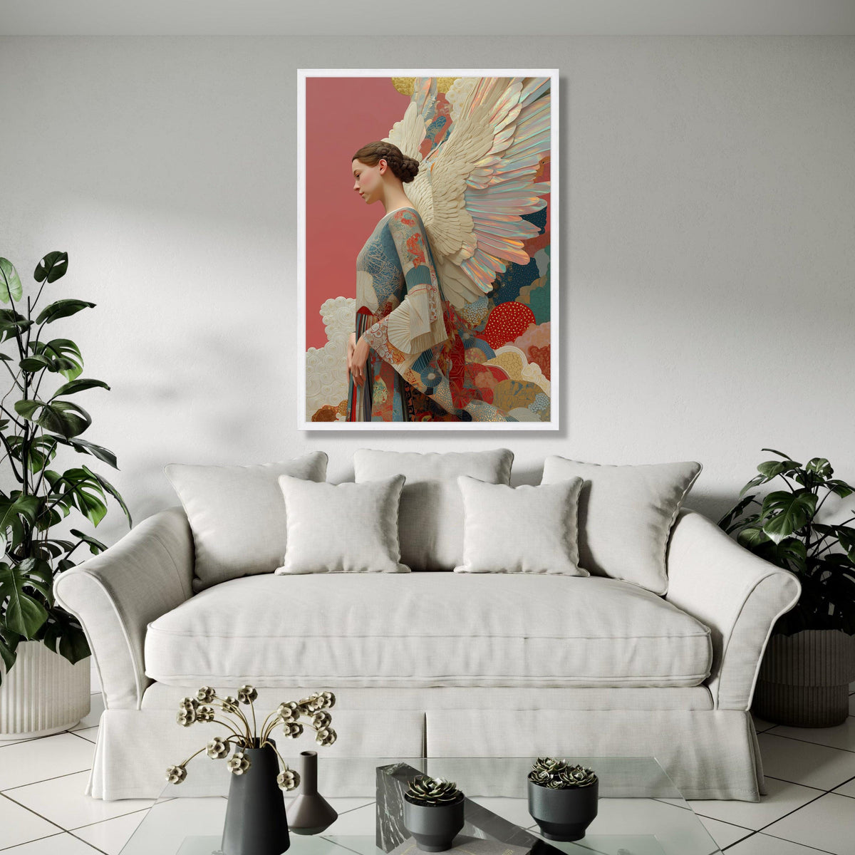 Elegant Angel Woman Canvas Wall Art, Fantasy Feather Wings, Ethereal Portrait Painting, Decorative Home Wall Gift Art, Home Decor, Print