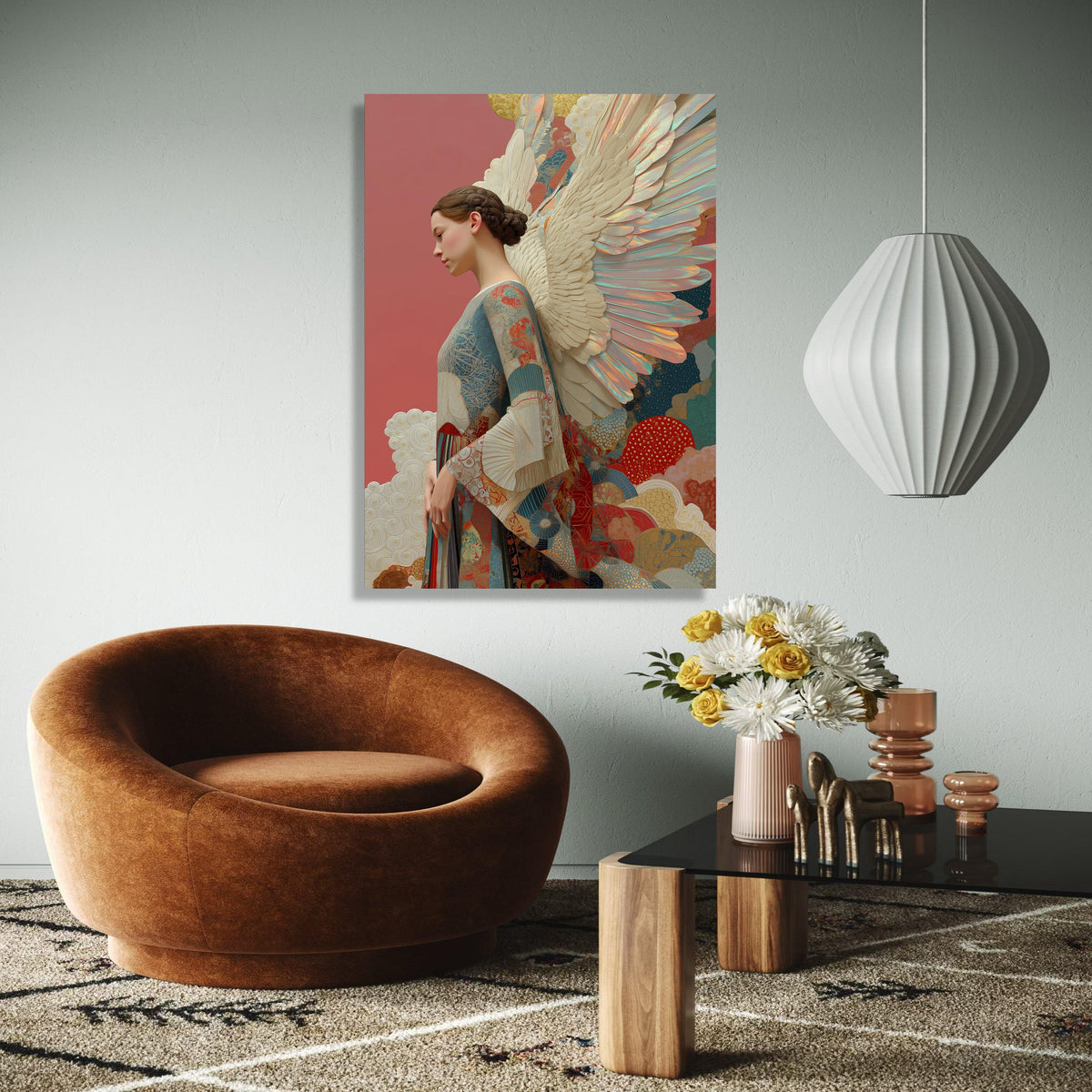 Elegant Angel Woman Canvas Wall Art, Fantasy Feather Wings, Ethereal Portrait Painting, Decorative Home Wall Gift Art, Home Decor, Print