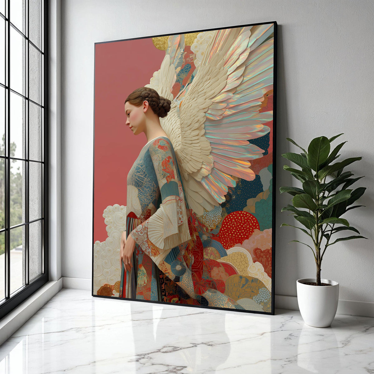 Elegant Angel Woman Canvas Wall Art, Fantasy Feather Wings, Ethereal Portrait Painting, Decorative Home Wall Gift Art, Home Decor, Print