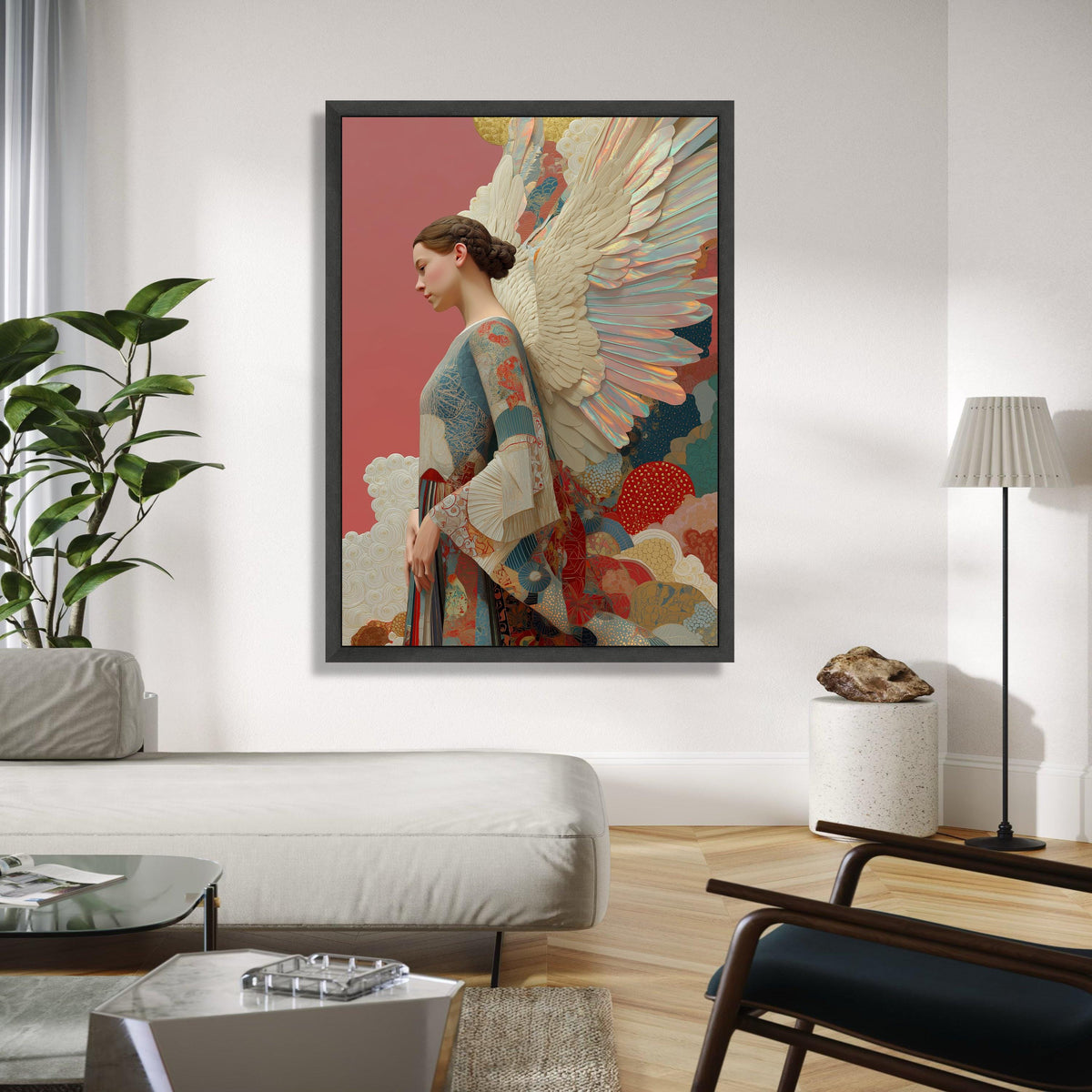 Elegant Angel Woman Canvas Wall Art, Fantasy Feather Wings, Ethereal Portrait Painting, Decorative Home Wall Gift Art, Home Decor, Print