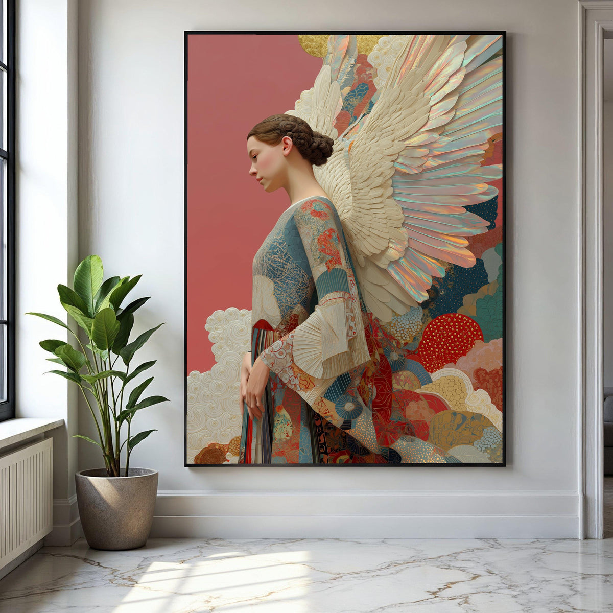 Elegant Angel Woman Canvas Wall Art, Fantasy Feather Wings, Ethereal Portrait Painting, Decorative Home Wall Gift Art, Home Decor, Print