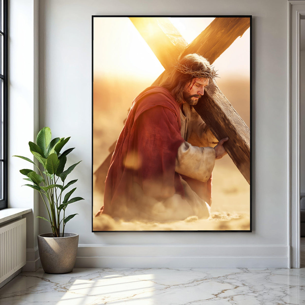 Jesus Carrying Cross Canvas Wall Art, Religious Christian Decor, Crucifixion Scene, Spiritual Wall Hanging, Gift Art, Home Decor, Print