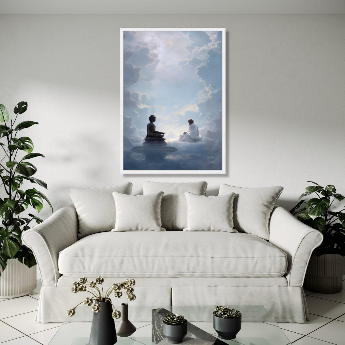 Spiritual Enlightenment Canvas, Buddha and Sage Meditation Art, Mystical Cloudscape Wall Decor, Zen Meditation Gift Art, Home Decor, Print