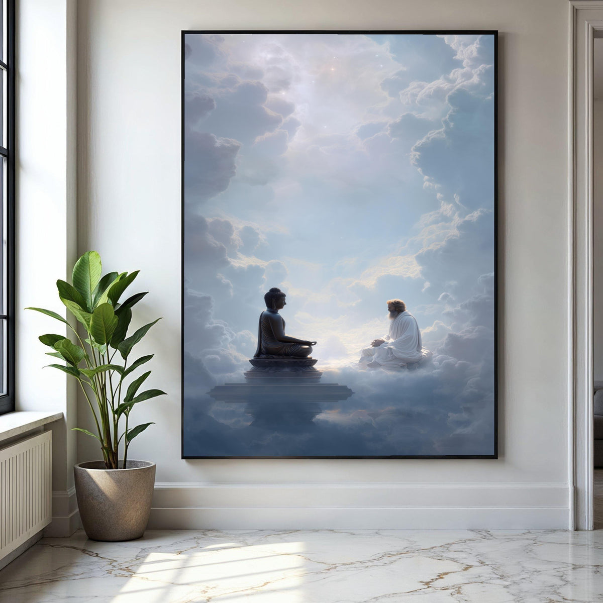 Spiritual Enlightenment Canvas, Buddha and Sage Meditation Art, Mystical Cloudscape Wall Decor, Zen Meditation Gift Art, Home Decor, Print