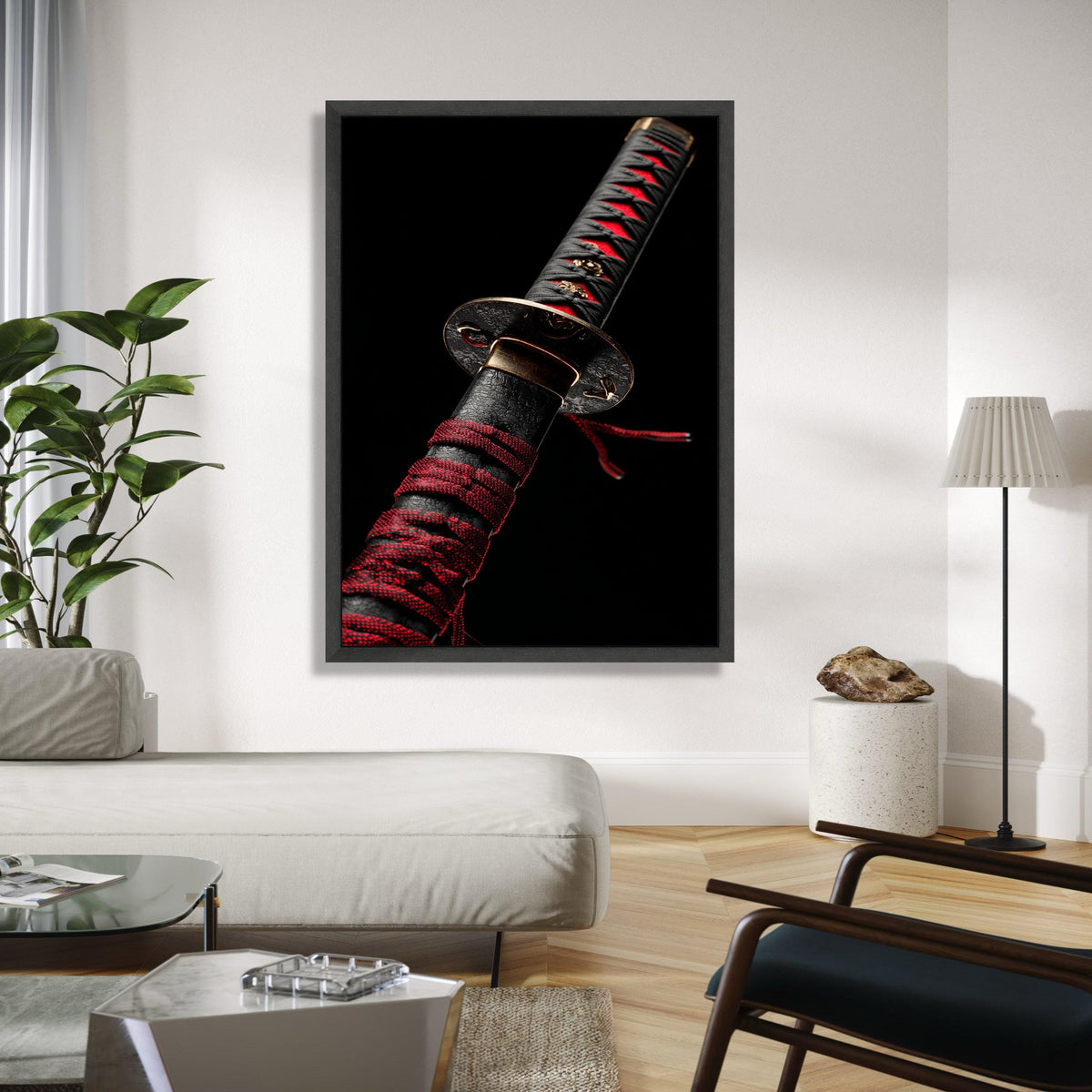 Elegant Samurai Sword Handle Canvas, Black and Red Katana Wall Art, Japanese Weapon Decor, Oriental Blade Gift Art, Home Decor, Print