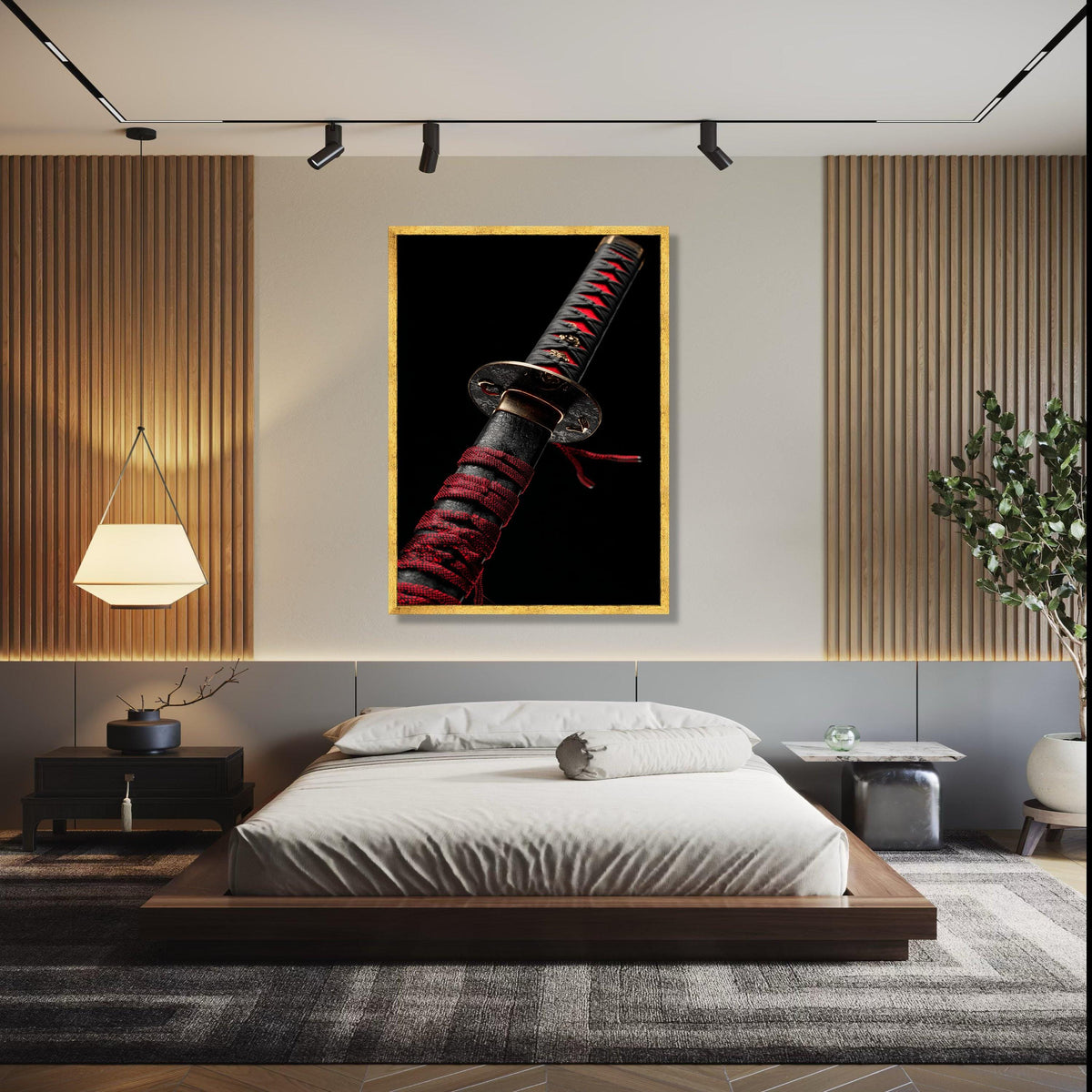 Elegant Samurai Sword Handle Canvas, Black and Red Katana Wall Art, Japanese Weapon Decor, Oriental Blade Gift Art, Home Decor, Print