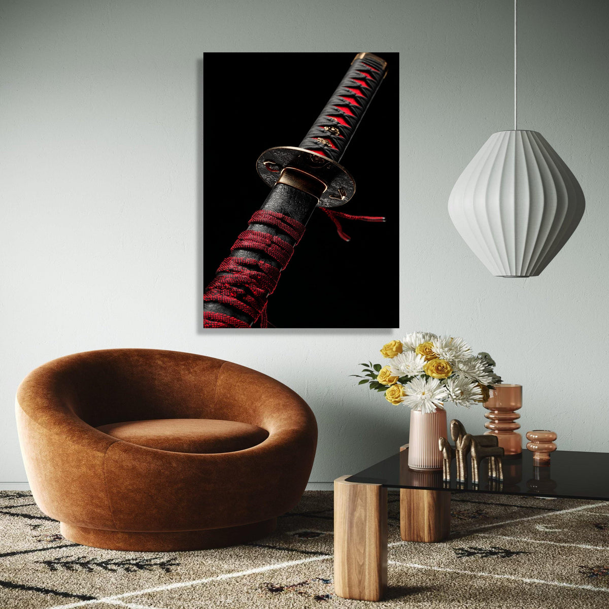 Elegant Samurai Sword Handle Canvas, Black and Red Katana Wall Art, Japanese Weapon Decor, Oriental Blade Gift Art, Home Decor, Print