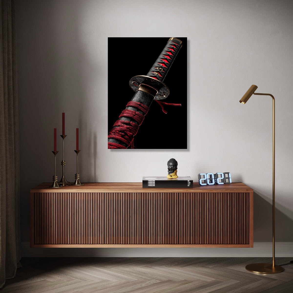 Elegant Samurai Sword Handle Canvas, Black and Red Katana Wall Art, Japanese Weapon Decor, Oriental Blade Gift Art, Home Decor, Print