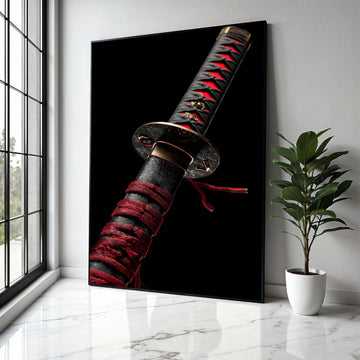 Elegant Samurai Sword Handle Canvas, Black and Red Katana Wall Art, Japanese Weapon Decor, Oriental Blade Gift Art, Home Decor, Print