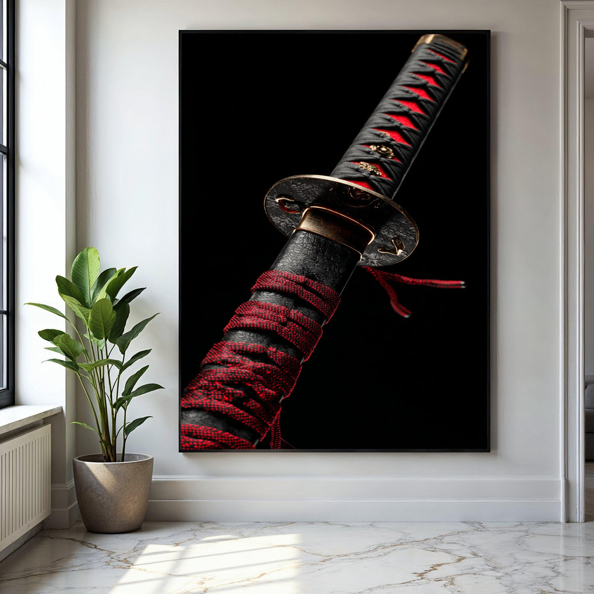 Elegant Samurai Sword Handle Canvas, Black and Red Katana Wall Art, Japanese Weapon Decor, Oriental Blade Gift Art, Home Decor, Print