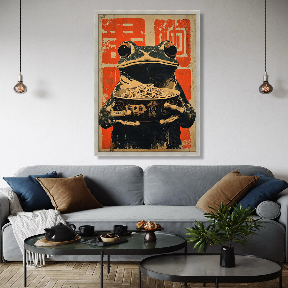 Vintage Asian Frog with Noodles Canvas, Japanese Ramen Bowl Art, Whimsical Animal Wall Decor, Retro Food Gift Art, Home Decor, Print