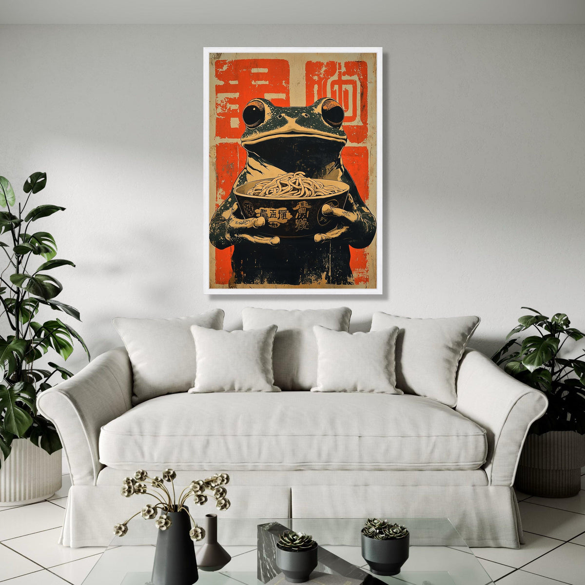 Vintage Asian Frog with Noodles Canvas, Japanese Ramen Bowl Art, Whimsical Animal Wall Decor, Retro Food Gift Art, Home Decor, Print