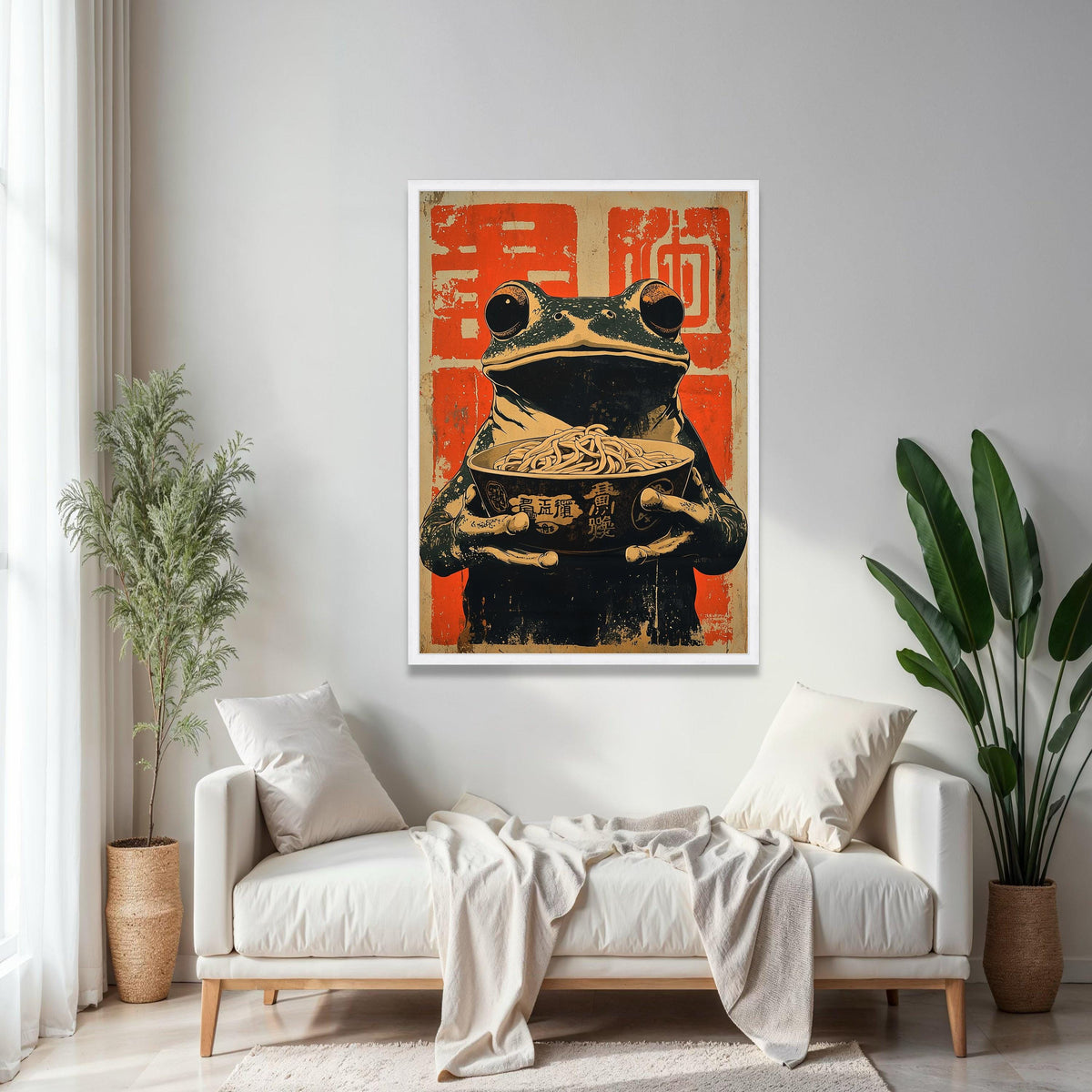 Vintage Asian Frog with Noodles Canvas, Japanese Ramen Bowl Art, Whimsical Animal Wall Decor, Retro Food Gift Art, Home Decor, Print
