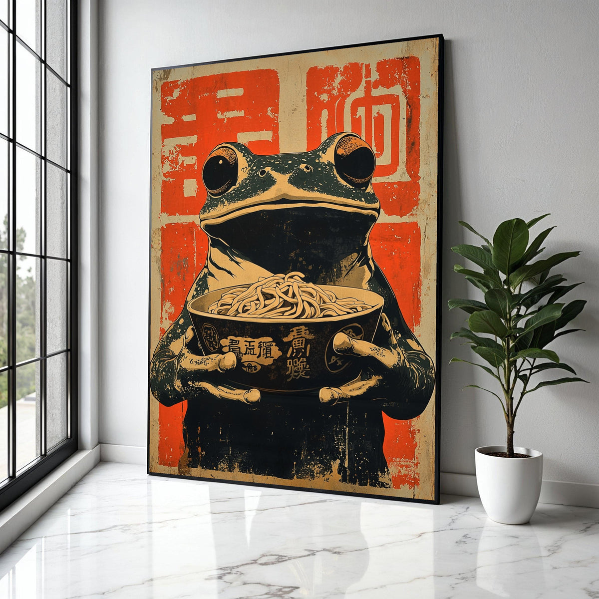 Vintage Asian Frog with Noodles Canvas, Japanese Ramen Bowl Art, Whimsical Animal Wall Decor, Retro Food Gift Art, Home Decor, Print