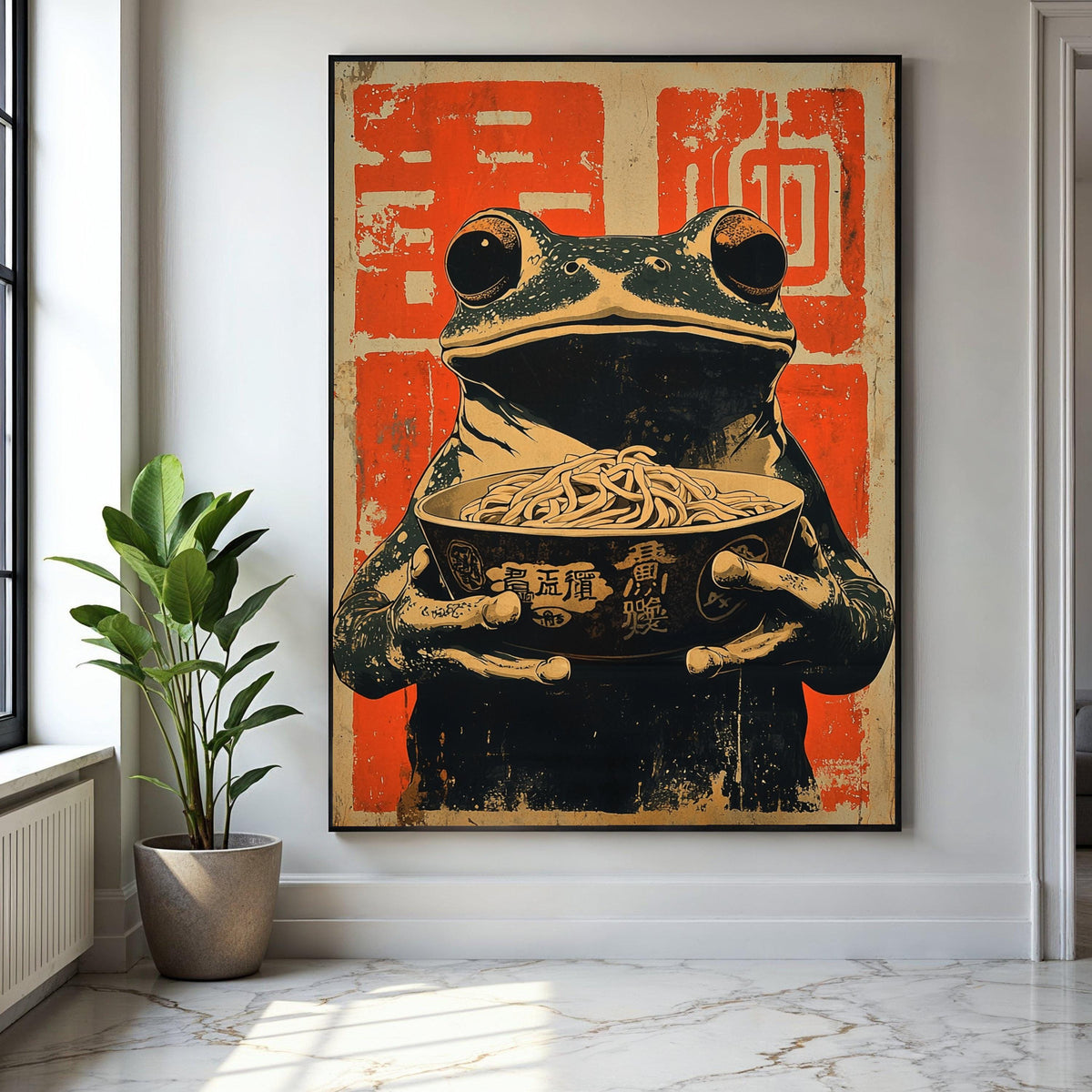 Vintage Asian Frog with Noodles Canvas, Japanese Ramen Bowl Art, Whimsical Animal Wall Decor, Retro Food Gift Art, Home Decor, Print