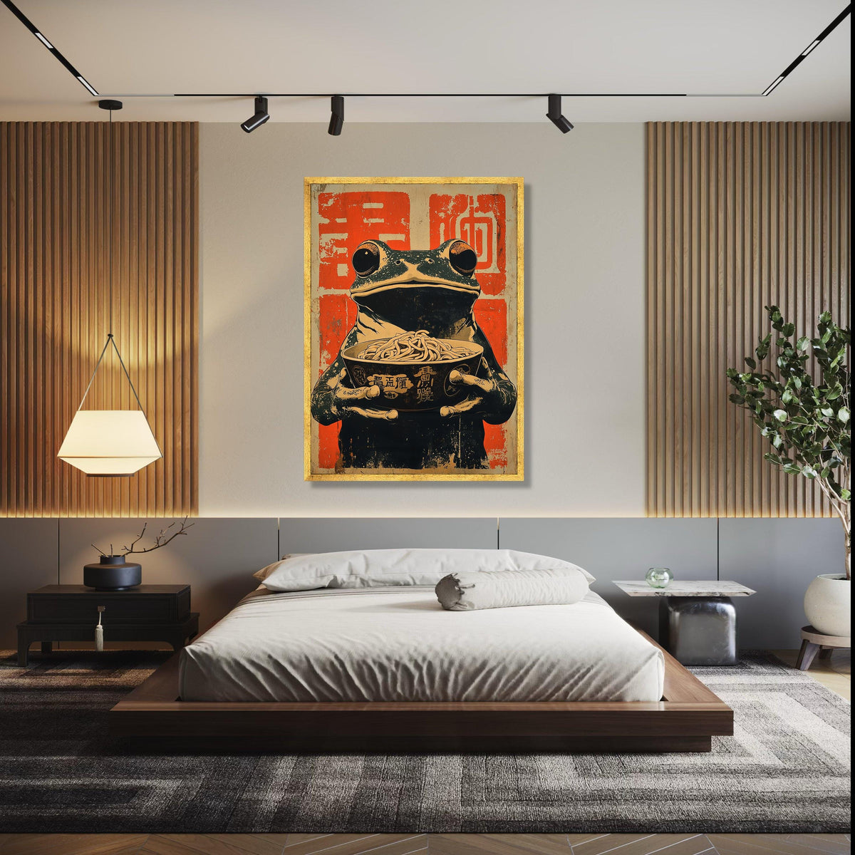 Vintage Asian Frog with Noodles Canvas, Japanese Ramen Bowl Art, Whimsical Animal Wall Decor, Retro Food Gift Art, Home Decor, Print