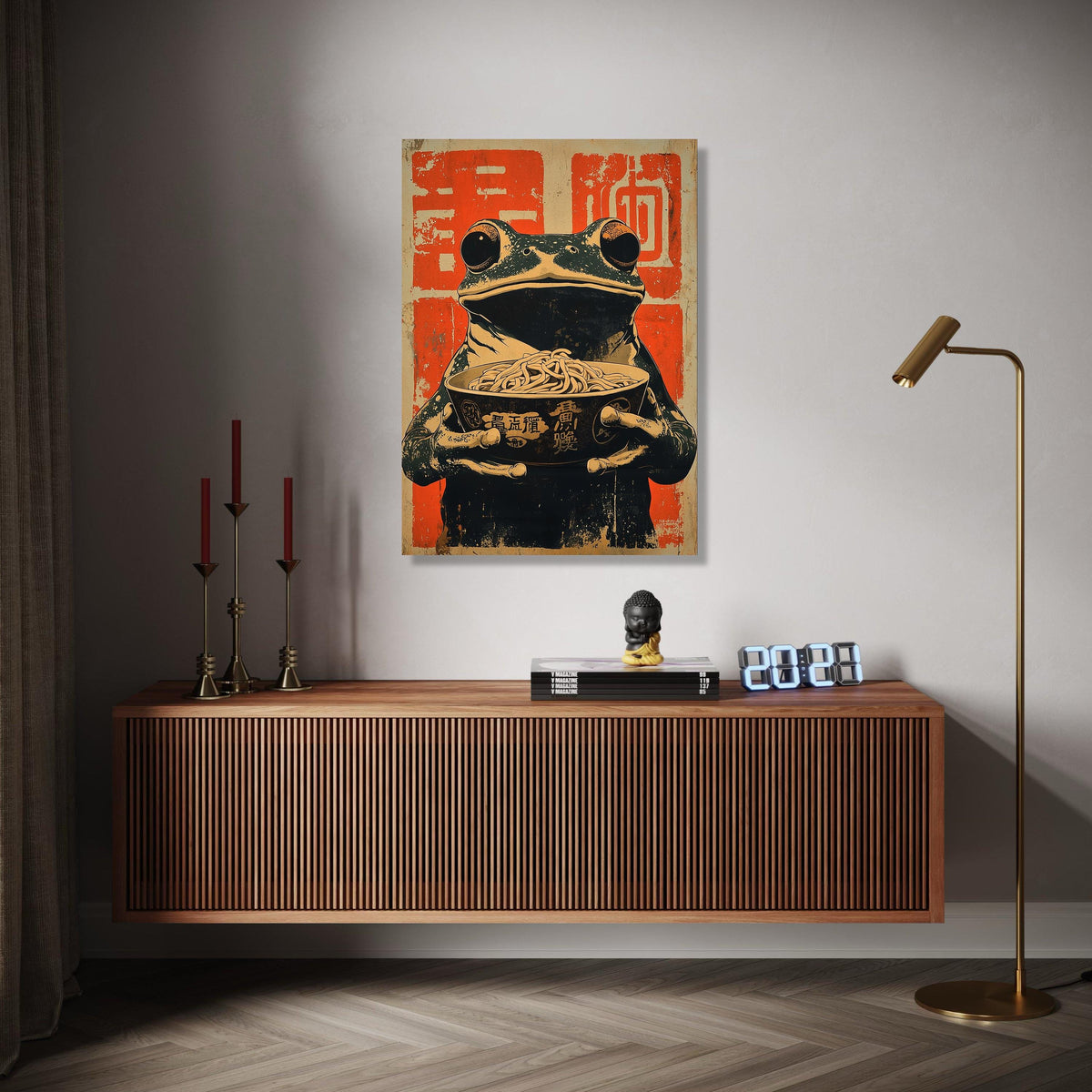 Vintage Asian Frog with Noodles Canvas, Japanese Ramen Bowl Art, Whimsical Animal Wall Decor, Retro Food Gift Art, Home Decor, Print