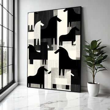 Abstract Black and White Horses Canvas, Modern Geometric Animal Wall Art, Scandinavian Style Home Decor, Gift Art, Home Decor, Print