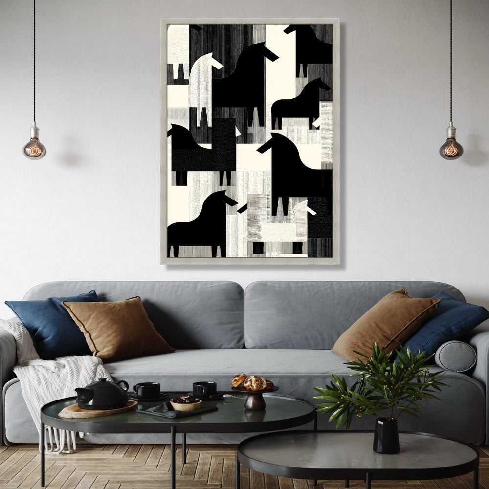 Abstract Black and White Horses Canvas, Modern Geometric Animal Wall Art, Scandinavian Style Home Decor, Gift Art, Home Decor, Print