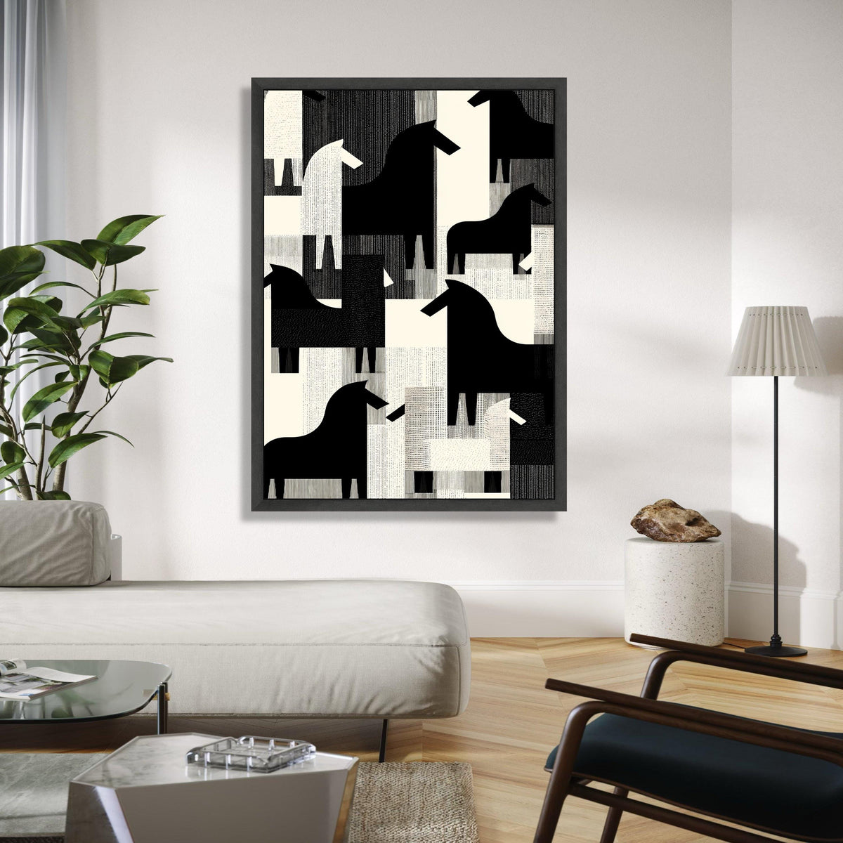 Abstract Black and White Horses Canvas, Modern Geometric Animal Wall Art, Scandinavian Style Home Decor, Gift Art, Home Decor, Print
