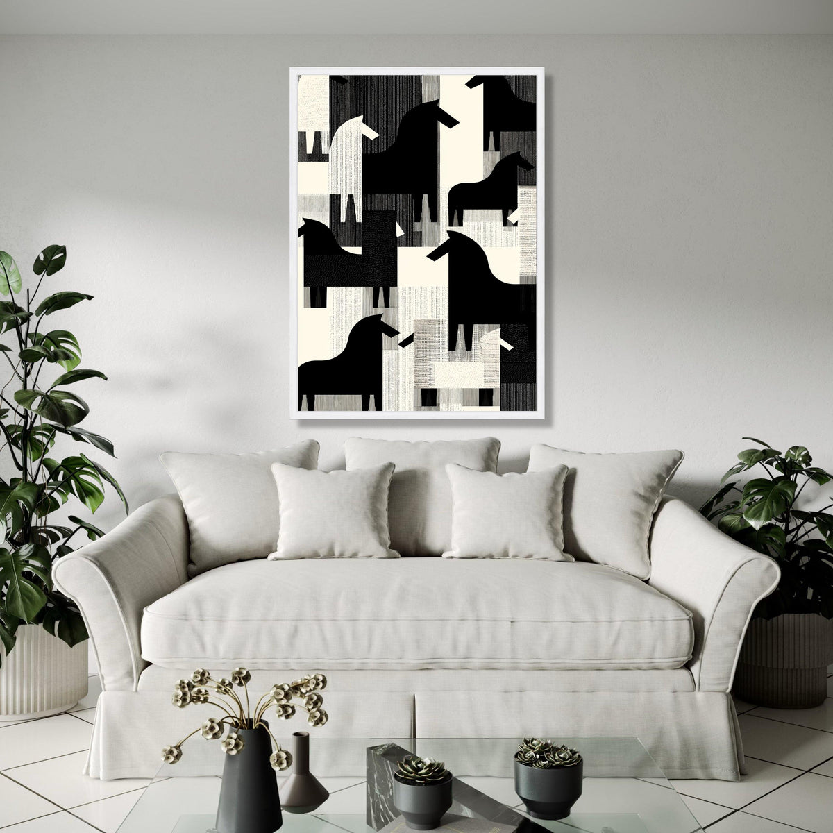 Abstract Black and White Horses Canvas, Modern Geometric Animal Wall Art, Scandinavian Style Home Decor, Gift Art, Home Decor, Print