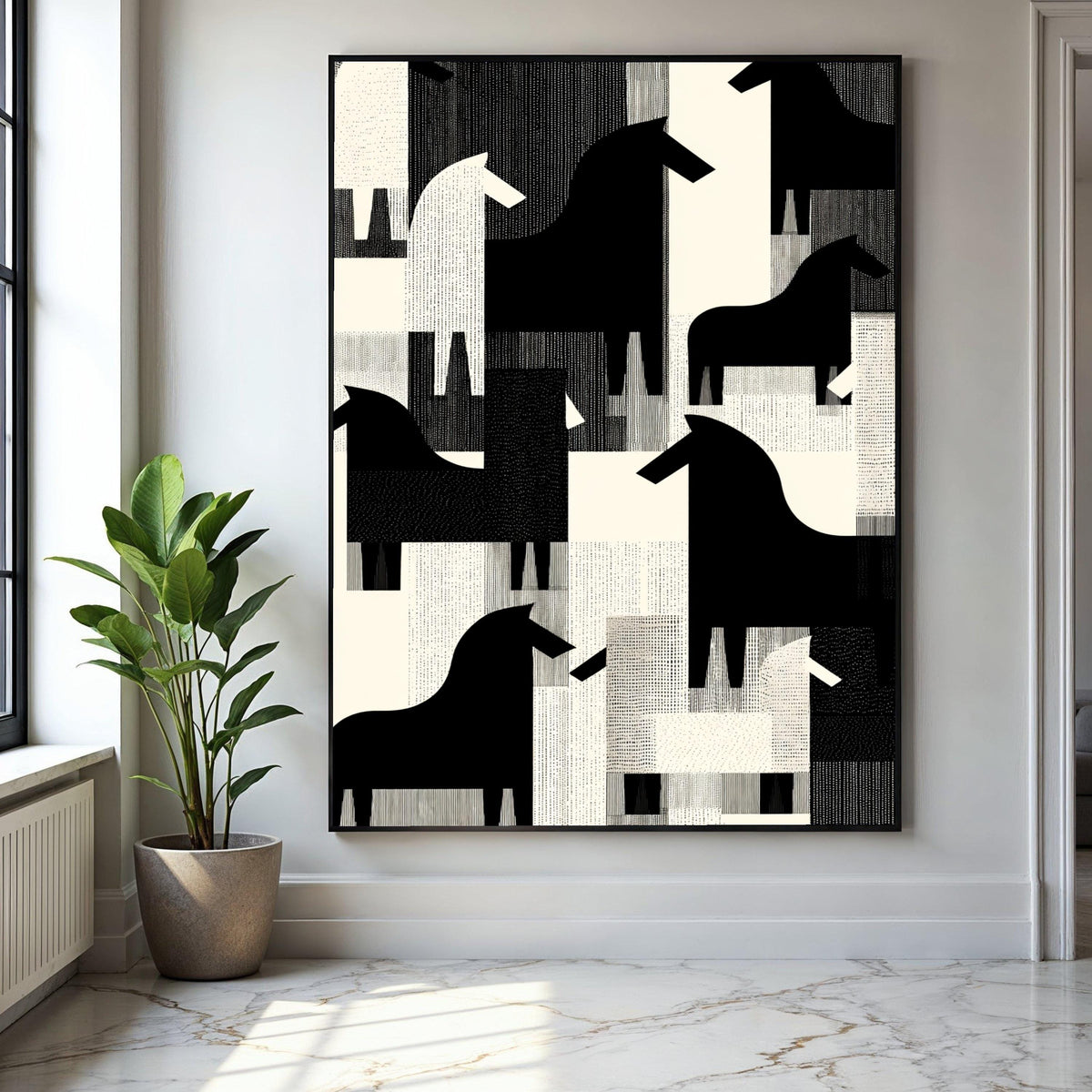 Abstract Black and White Horses Canvas, Modern Geometric Animal Wall Art, Scandinavian Style Home Decor, Gift Art, Home Decor, Print
