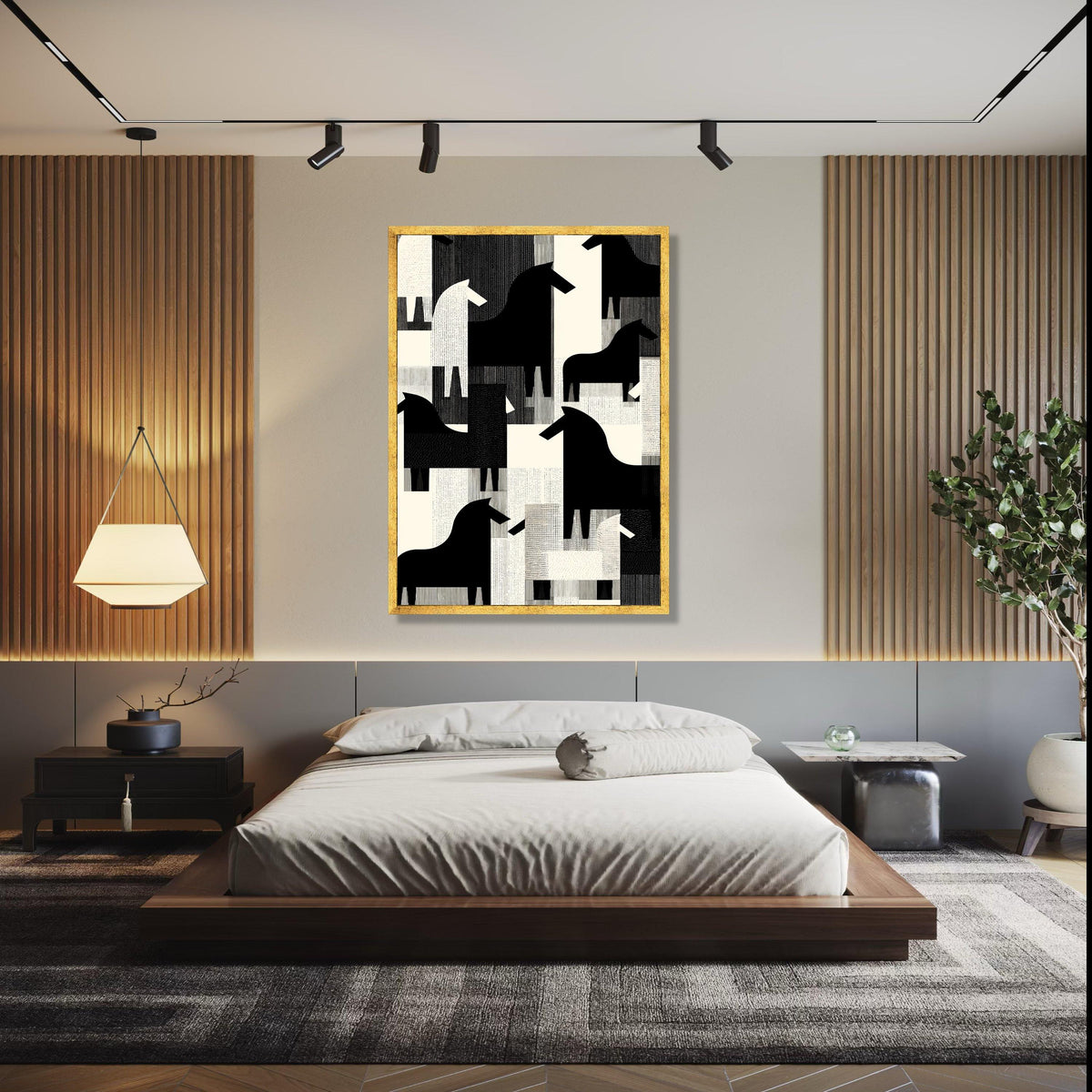 Abstract Black and White Horses Canvas, Modern Geometric Animal Wall Art, Scandinavian Style Home Decor, Gift Art, Home Decor, Print