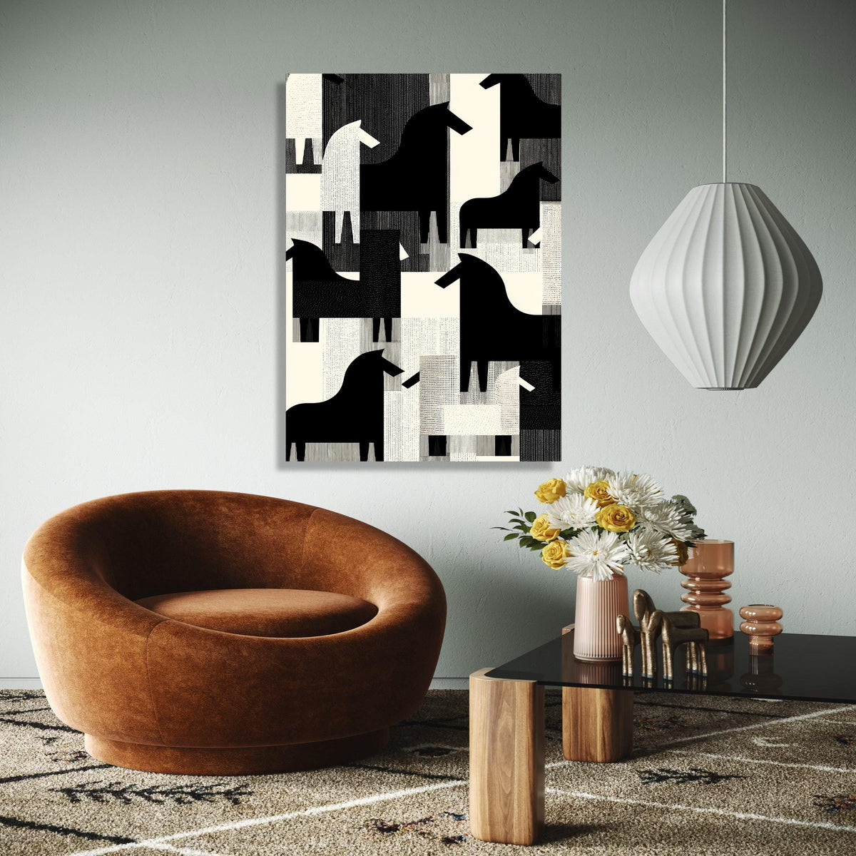 Abstract Black and White Horses Canvas, Modern Geometric Animal Wall Art, Scandinavian Style Home Decor, Gift Art, Home Decor, Print