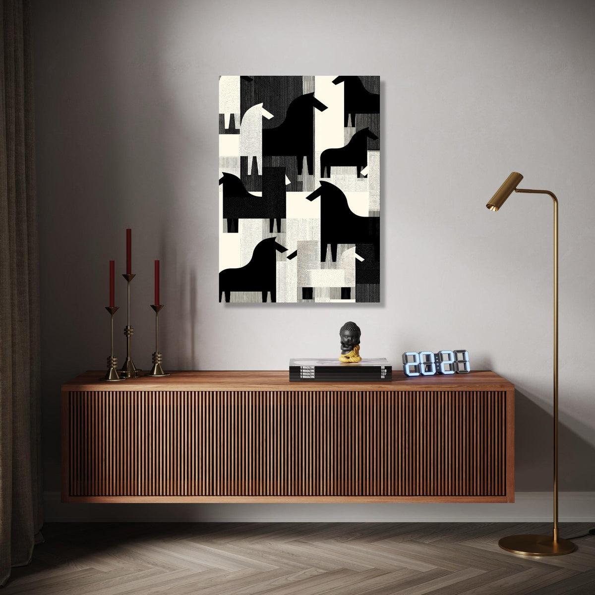 Abstract Black and White Horses Canvas, Modern Geometric Animal Wall Art, Scandinavian Style Home Decor, Gift Art, Home Decor, Print