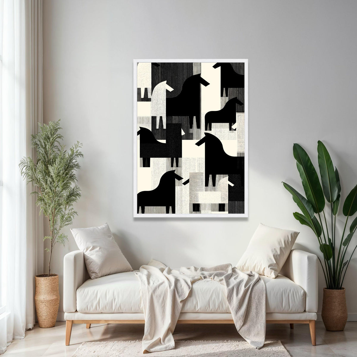 Abstract Black and White Horses Canvas, Modern Geometric Animal Wall Art, Scandinavian Style Home Decor, Gift Art, Home Decor, Print