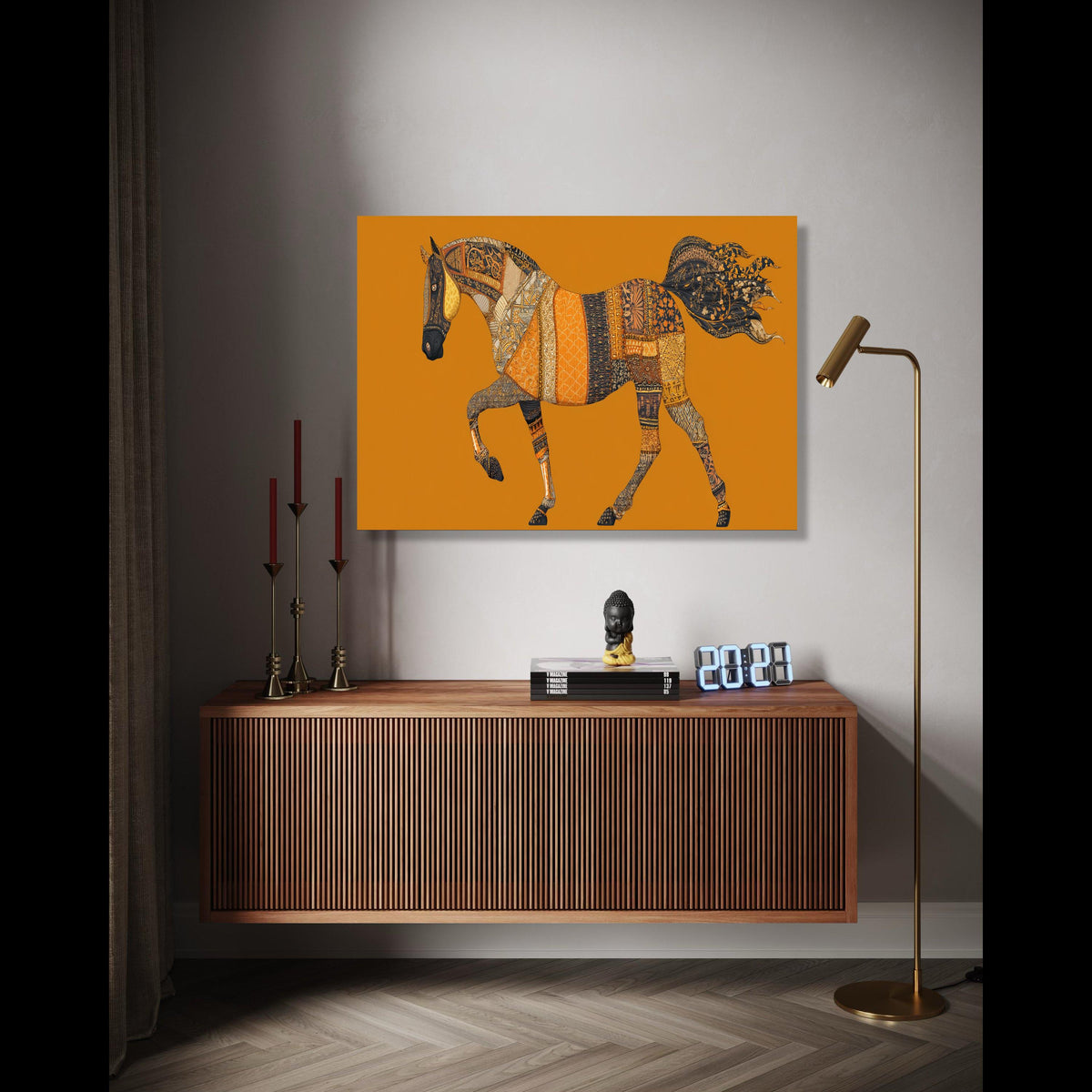 Ornate Patchwork Horse Canvas, Bohemian Animal Wall Art, Elegant Equine Design, Vibrant Home Decoration, Ready Gift Art, Home Decor, Print