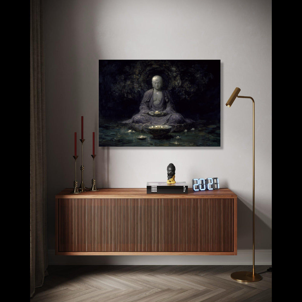Meditative Buddha Canvas Wall Art, Spiritual Serenity Painting, Lotus Flower Glow, Zen Home Decor, Tranquil Gift Art, Home Decor, Print