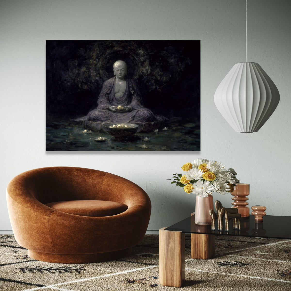 Meditative Buddha Canvas Wall Art, Spiritual Serenity Painting, Lotus Flower Glow, Zen Home Decor, Tranquil Gift Art, Home Decor, Print