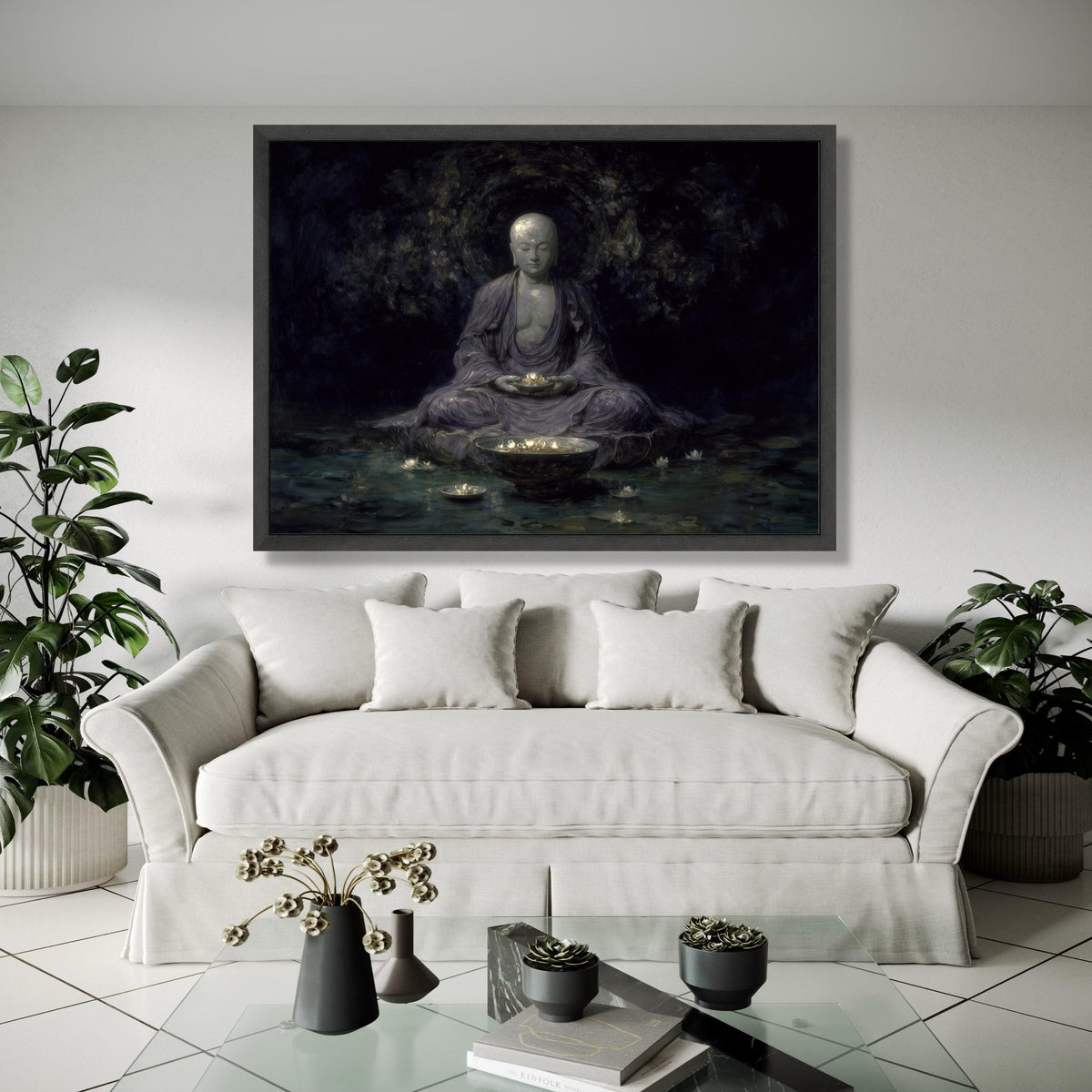Meditative Buddha Canvas Wall Art, Spiritual Serenity Painting, Lotus Flower Glow, Zen Home Decor, Tranquil Gift Art, Home Decor, Print