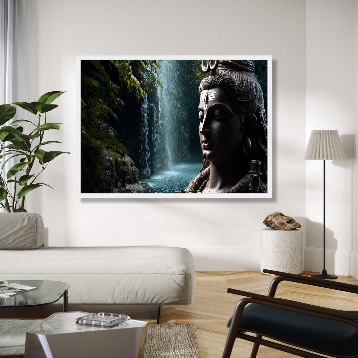 Serene Shiva Statue Canvas Wall Art, Spiritual Meditation Decor, Tranquil Waterfall Nature Canvas, Hindu God Gift Art, Home Decor, Print